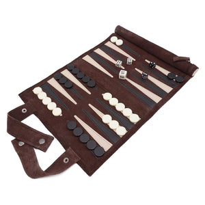 Backgammon reisespill i semsket skinn - Farge: Mocca