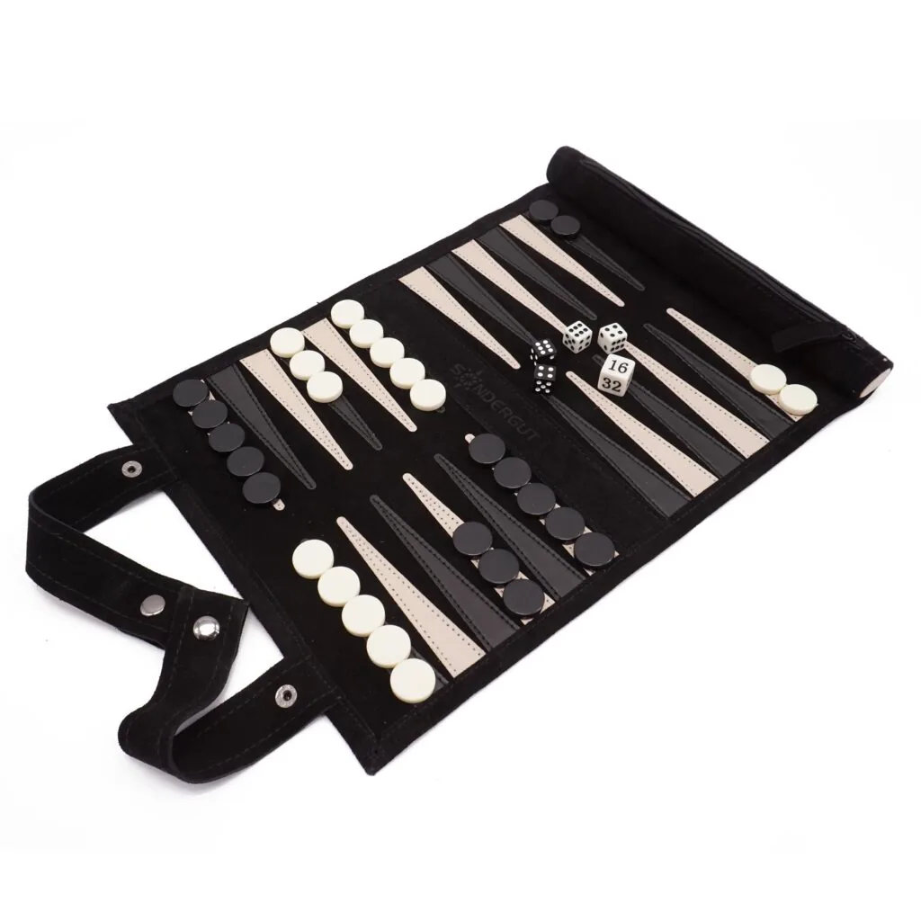 Backgammon reisespill i ekte skinn svart - Reisespill.no